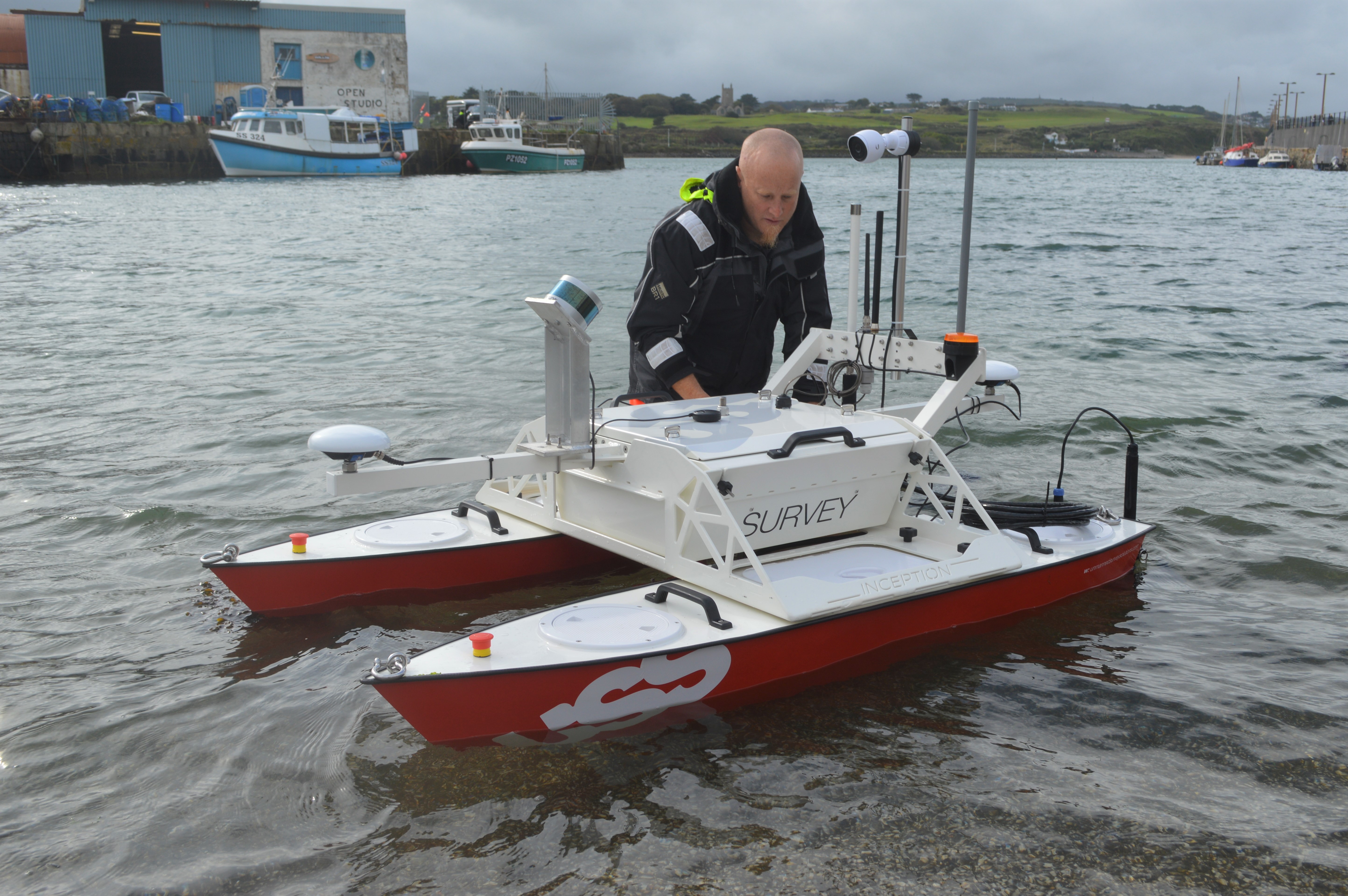 Inception Class USV being deployed in Hayle Harbour